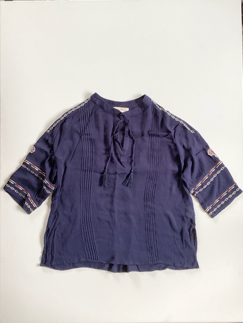 Penelope Rose Navy Embroidered Tie-Neck Top